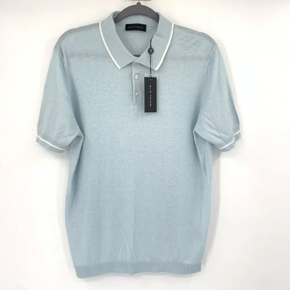 Elie Tahari  Men's Pullover Short Sleeve Blue/White Collared Knit Sweater Size M
